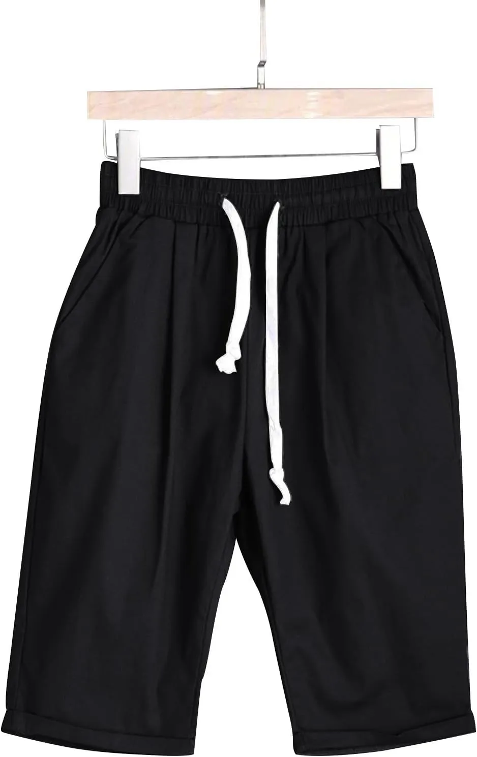 Womens Linen Shorts Casual Summer Womens Bermuda Linen Shorts Knee Length Elastic Waist Drawstring Beach Pants