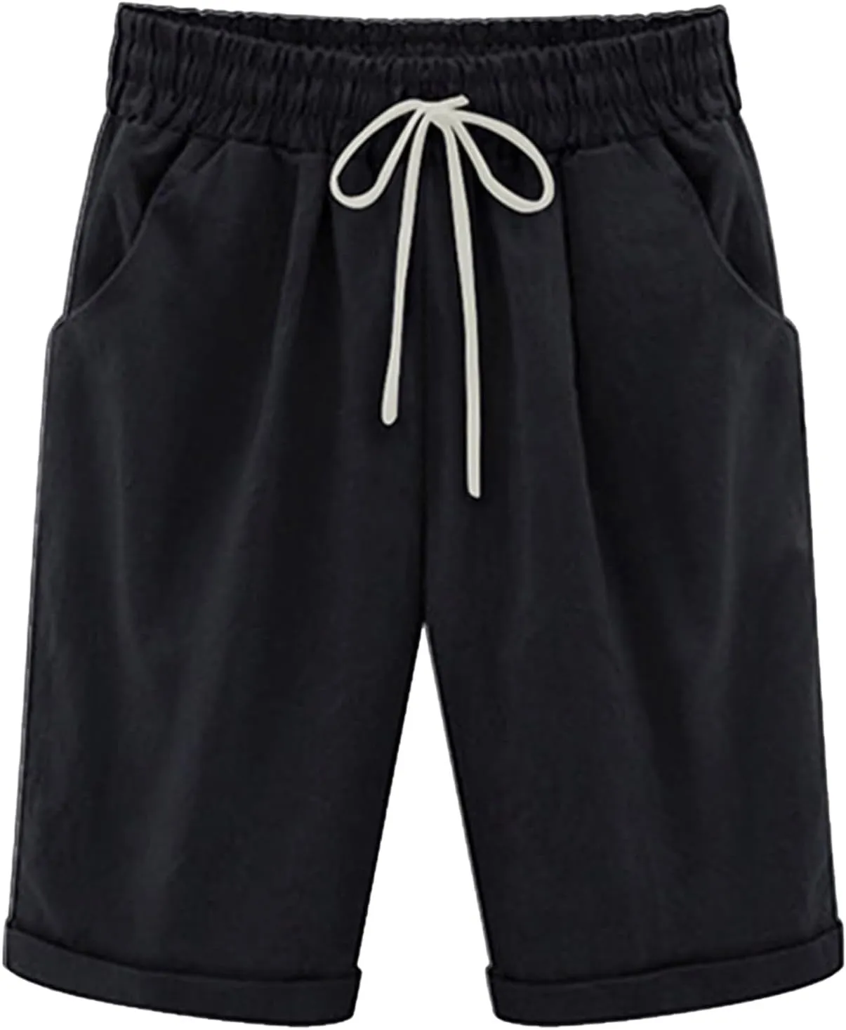 Womens Linen Shorts Casual Summer Womens Bermuda Linen Shorts Knee Length Elastic Waist Drawstring Beach Pants