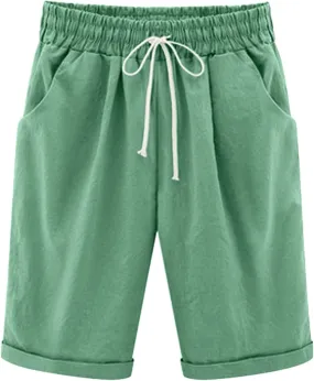 Womens Linen Shorts Casual Summer Womens Bermuda Linen Shorts Knee Length Elastic Waist Drawstring Beach Pants
