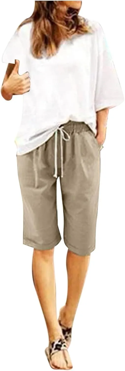 Womens Linen Shorts Casual Summer Womens Bermuda Linen Shorts Knee Length Elastic Waist Drawstring Beach Pants