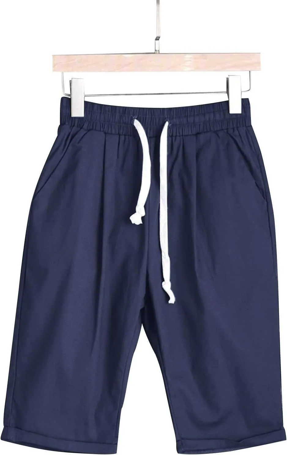 Womens Linen Shorts Casual Summer Womens Bermuda Linen Shorts Knee Length Elastic Waist Drawstring Beach Pants