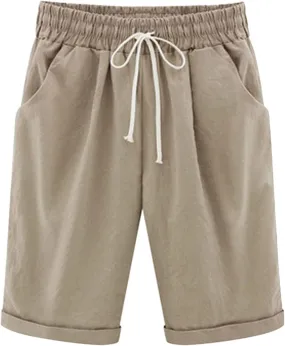 Womens Linen Shorts Casual Summer Womens Bermuda Linen Shorts Knee Length Elastic Waist Drawstring Beach Pants