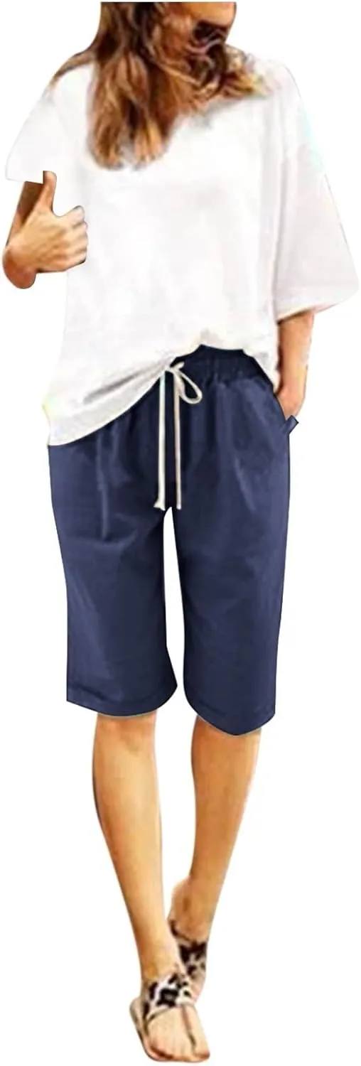 Womens Linen Shorts Casual Summer Womens Bermuda Linen Shorts Knee Length Elastic Waist Drawstring Beach Pants