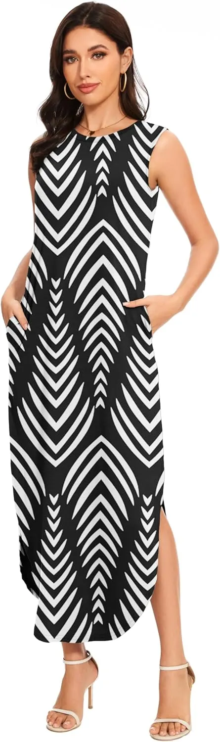 Women's Loose Sundress Long Dress Sleeveless Split Maxi Dresses 2025 Summer Beach Dress with Pockets
