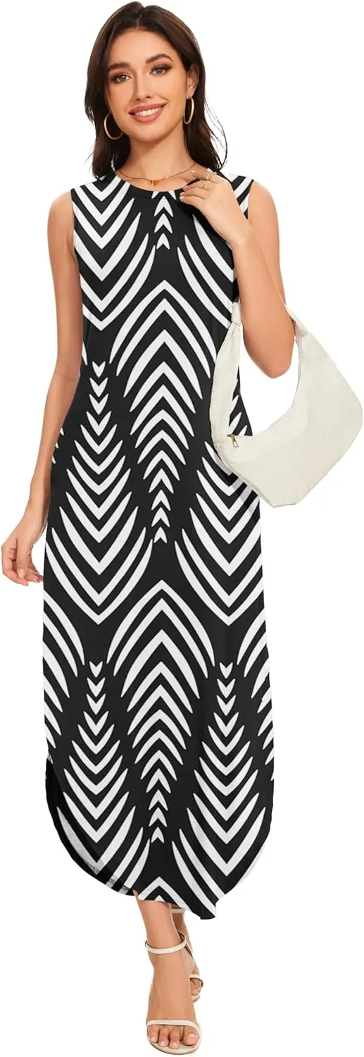 Women's Loose Sundress Long Dress Sleeveless Split Maxi Dresses 2025 Summer Beach Dress with Pockets