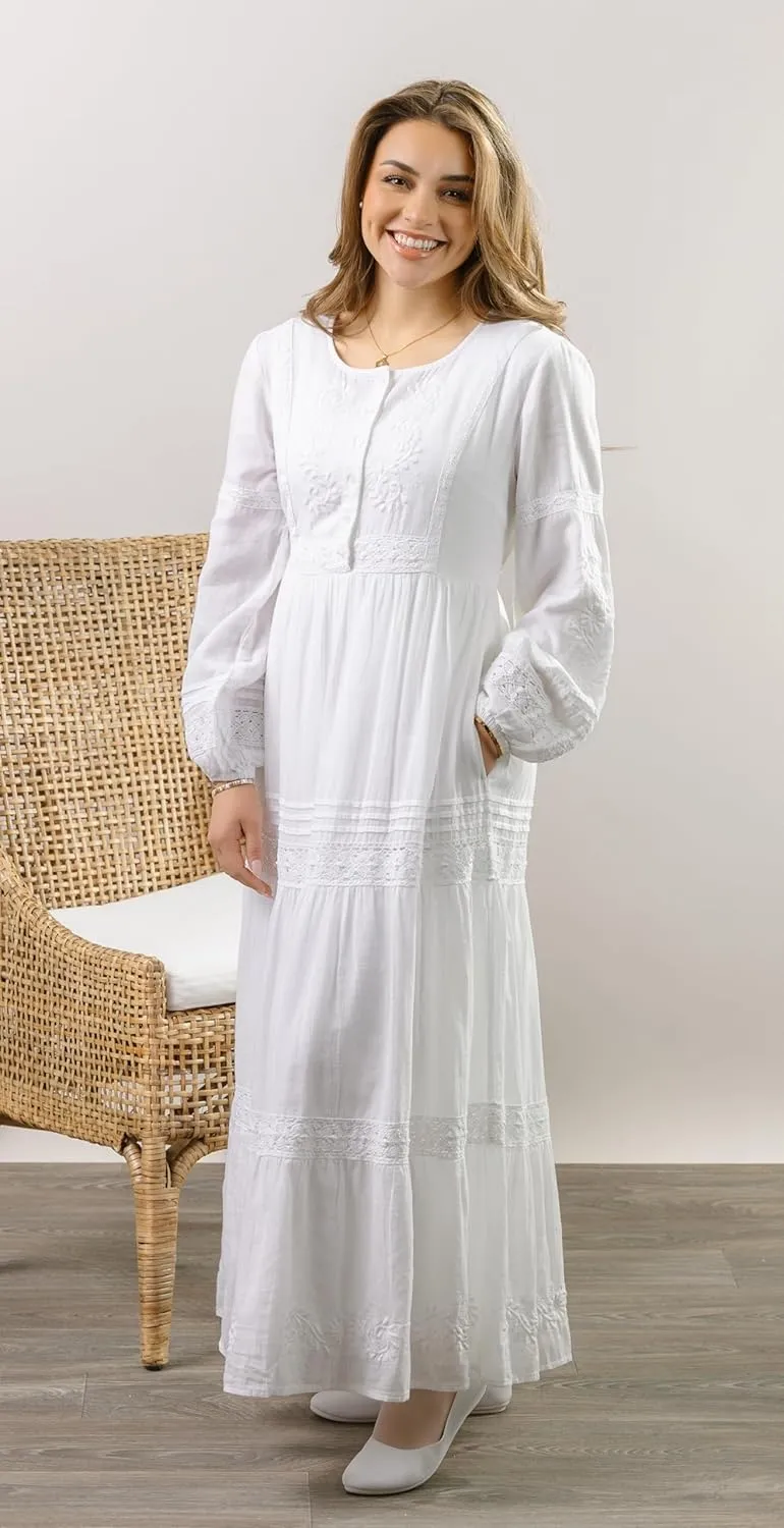 Women's Modest White Full Length Long Sleeve Cotton Special Occasion Dress with Button Down Front