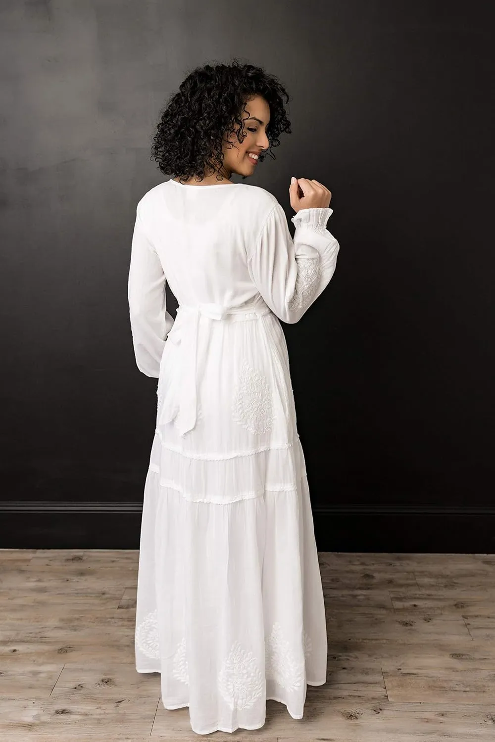 Women's Modest White Full Length Long Sleeve Cotton Special Occasion Dress with Button Down Front