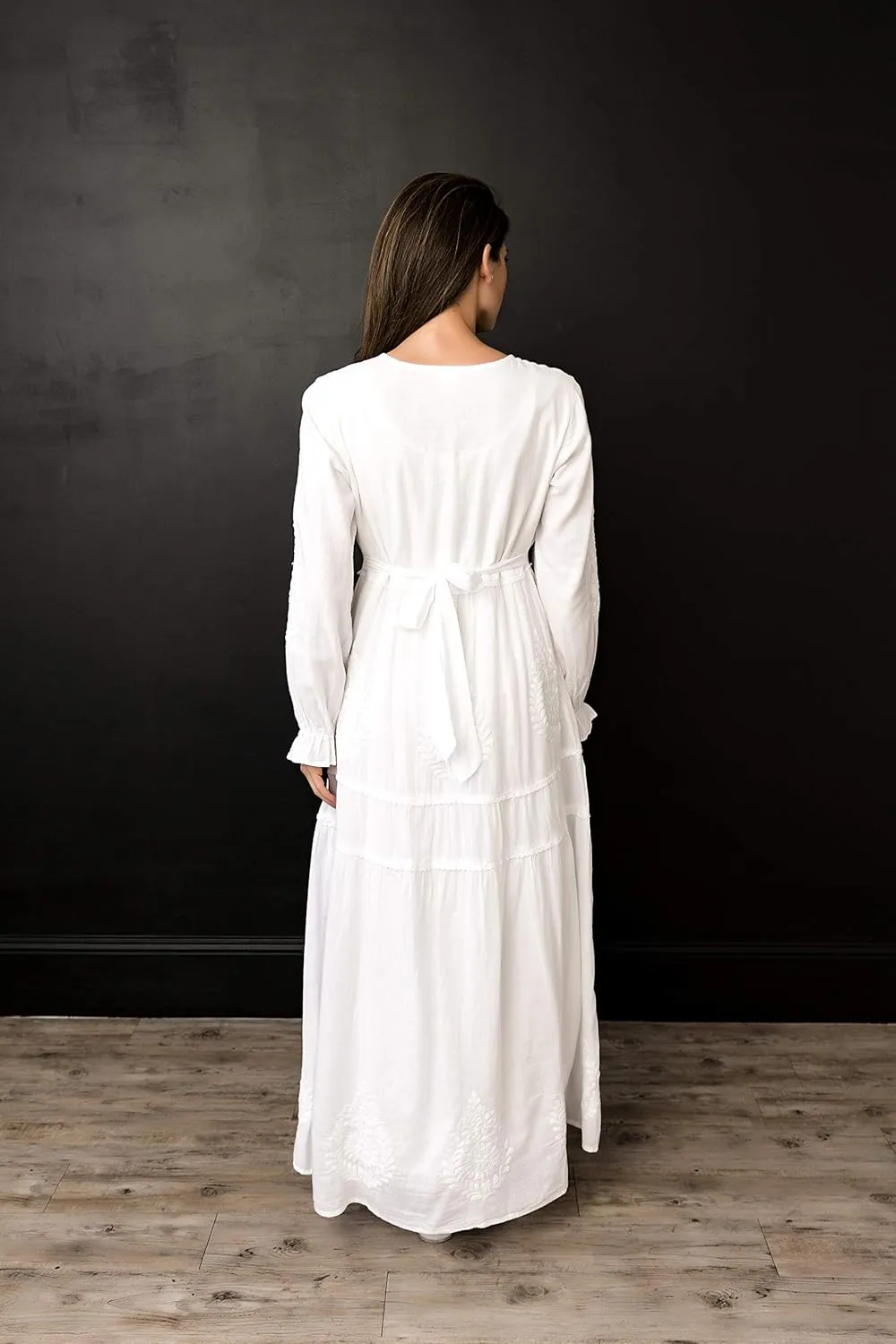 Women's Modest White Full Length Long Sleeve Cotton Special Occasion Dress with Button Down Front