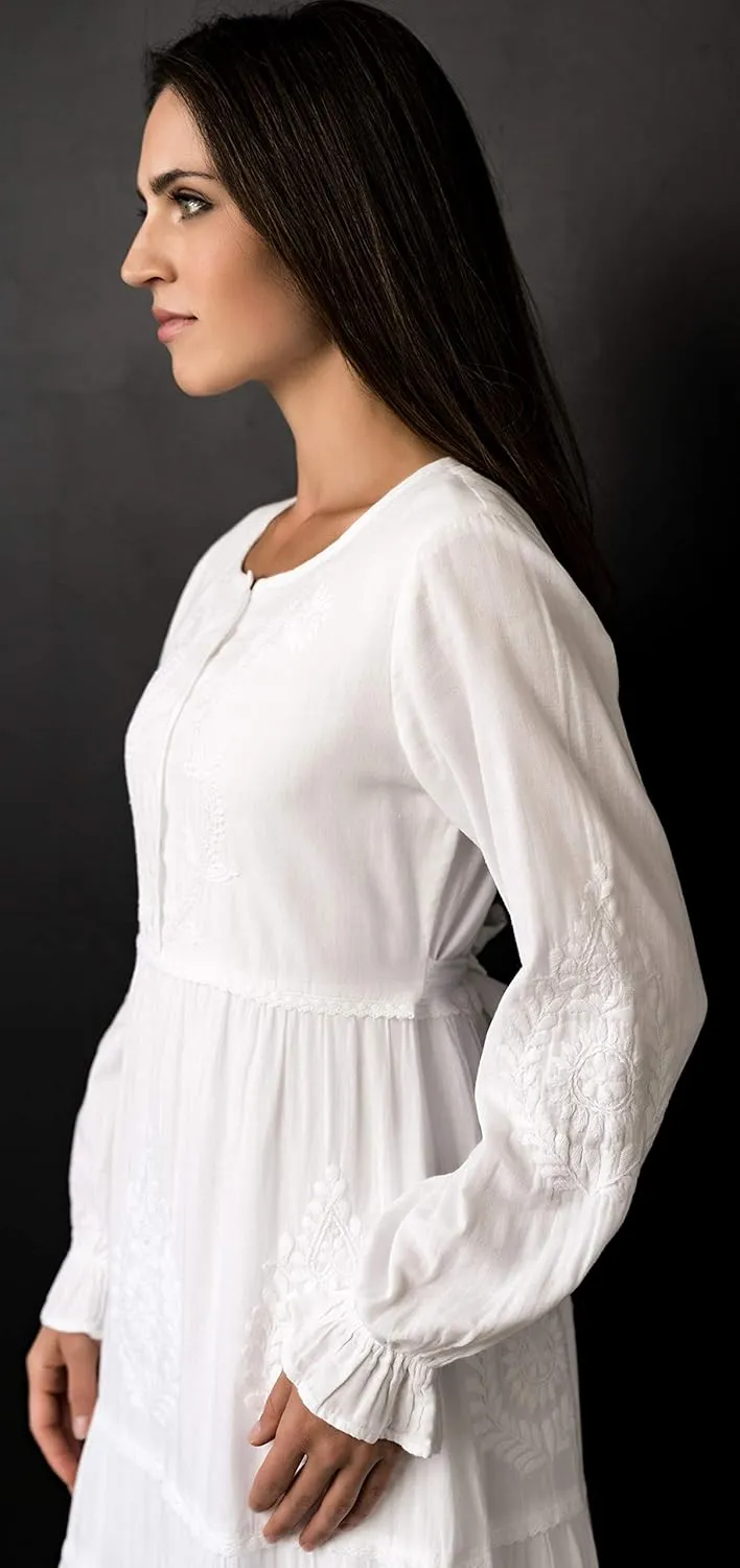 Women's Modest White Full Length Long Sleeve Cotton Special Occasion Dress with Button Down Front