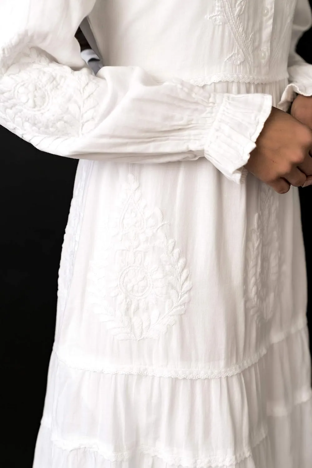 Women's Modest White Full Length Long Sleeve Cotton Special Occasion Dress with Button Down Front