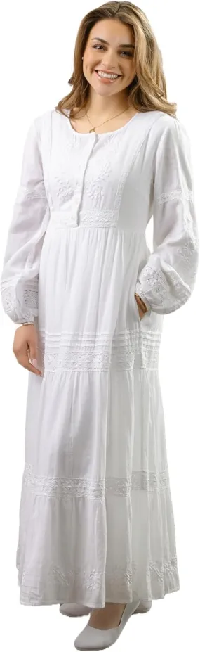 Women's Modest White Full Length Long Sleeve Cotton Special Occasion Dress with Button Down Front