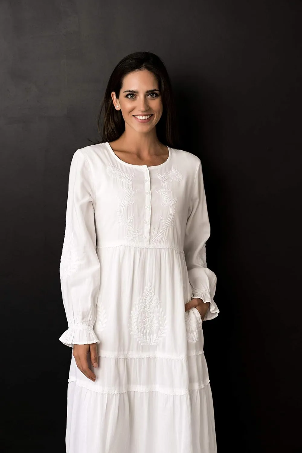 Women's Modest White Full Length Long Sleeve Cotton Special Occasion Dress with Button Down Front