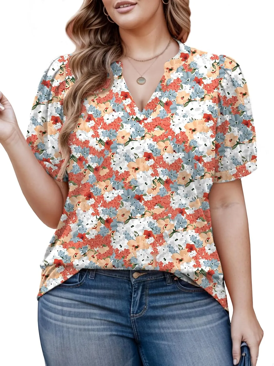 Womens Plus Size Tops Summer Puff Sleeve Shirts Casual Pleated Notched V Neck Tunics Tee XL-5XL