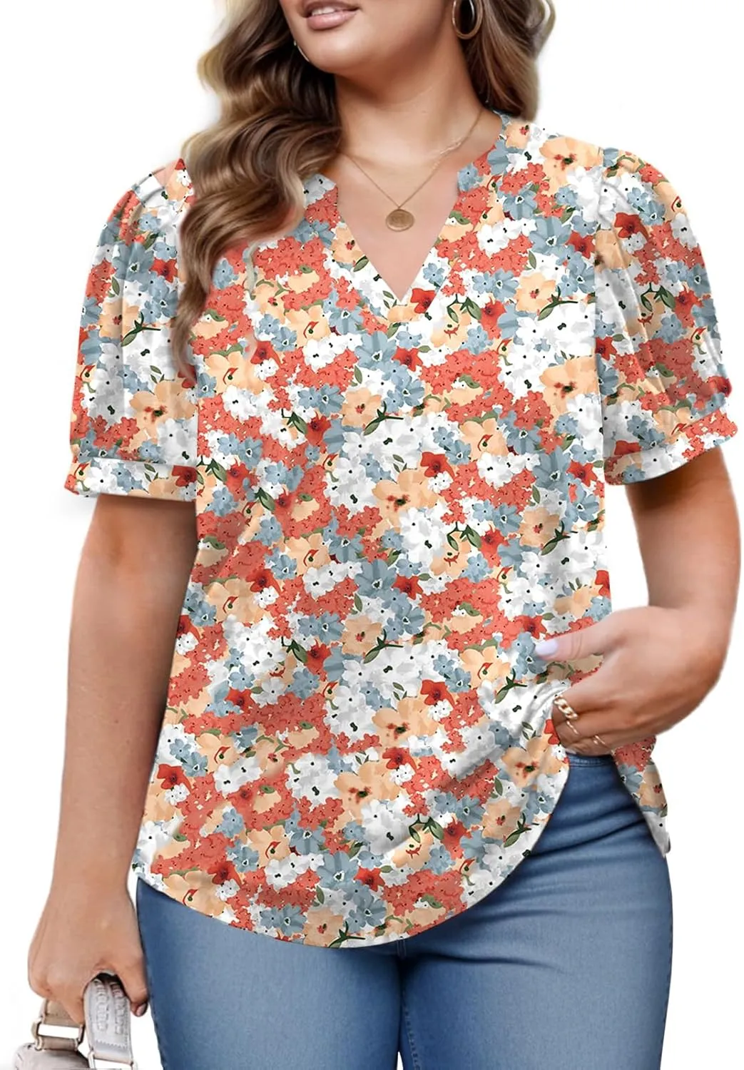 Womens Plus Size Tops Summer Puff Sleeve Shirts Casual Pleated Notched V Neck Tunics Tee XL-5XL