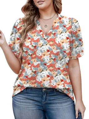 Womens Plus Size Tops Summer Puff Sleeve Shirts Casual Pleated Notched V Neck Tunics Tee XL-5XL