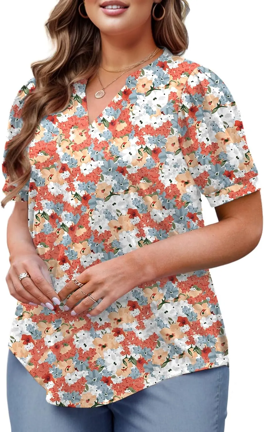 Womens Plus Size Tops Summer Puff Sleeve Shirts Casual Pleated Notched V Neck Tunics Tee XL-5XL