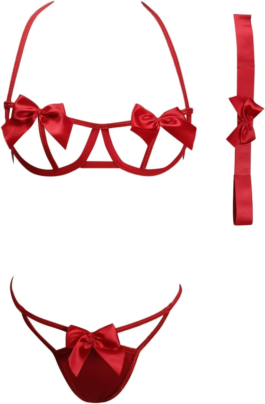 Womens Sexy Lingerie Set Naughty Cut Out Lingerie Set Two Piece Bra and Panty Bow Tie Silk Satin Strap Bralette Sleepwear