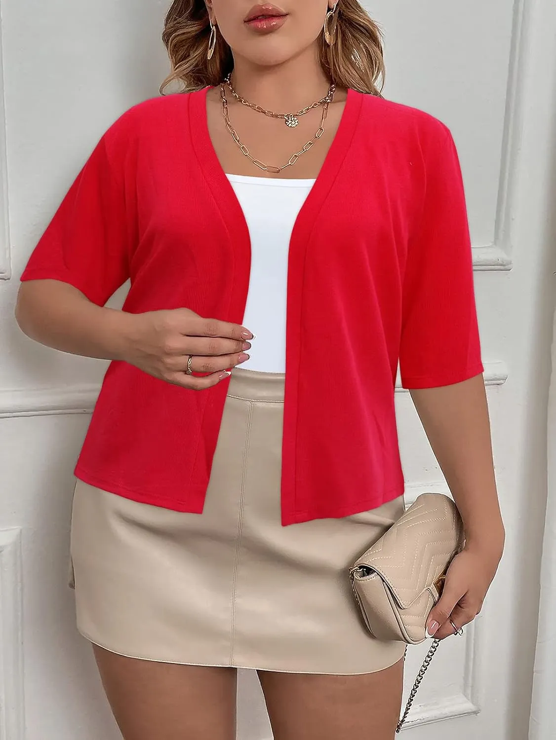Women's Short Sleeve Cardigan Knit Sweaters Cropped Open Front Shrug Bolero