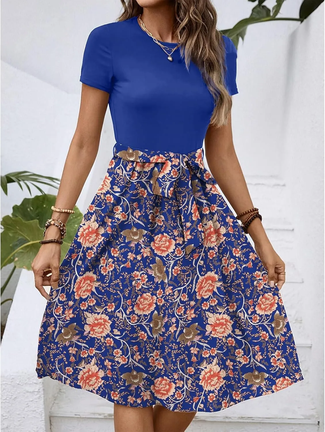 Women's Short Sleeve Dresses Empire Waist Floral Printing Crewneck Color Blocked Belt Casual Midi Length Dress