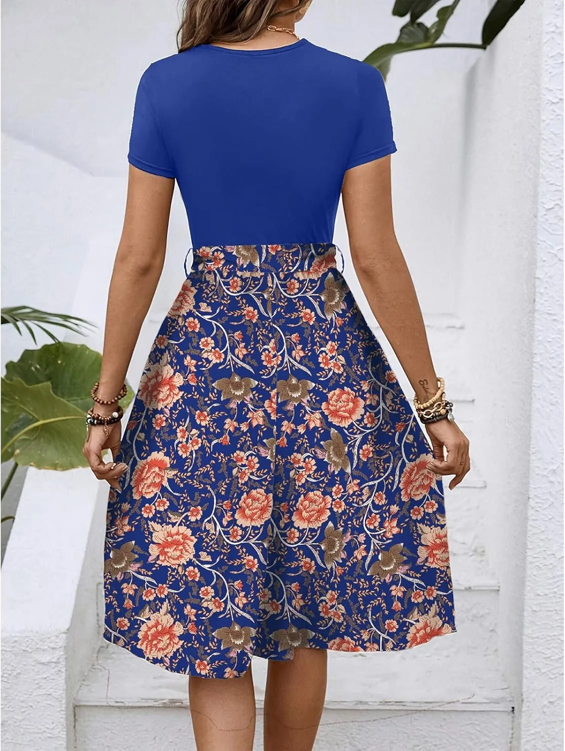 Women's Short Sleeve Dresses Empire Waist Floral Printing Crewneck Color Blocked Belt Casual Midi Length Dress