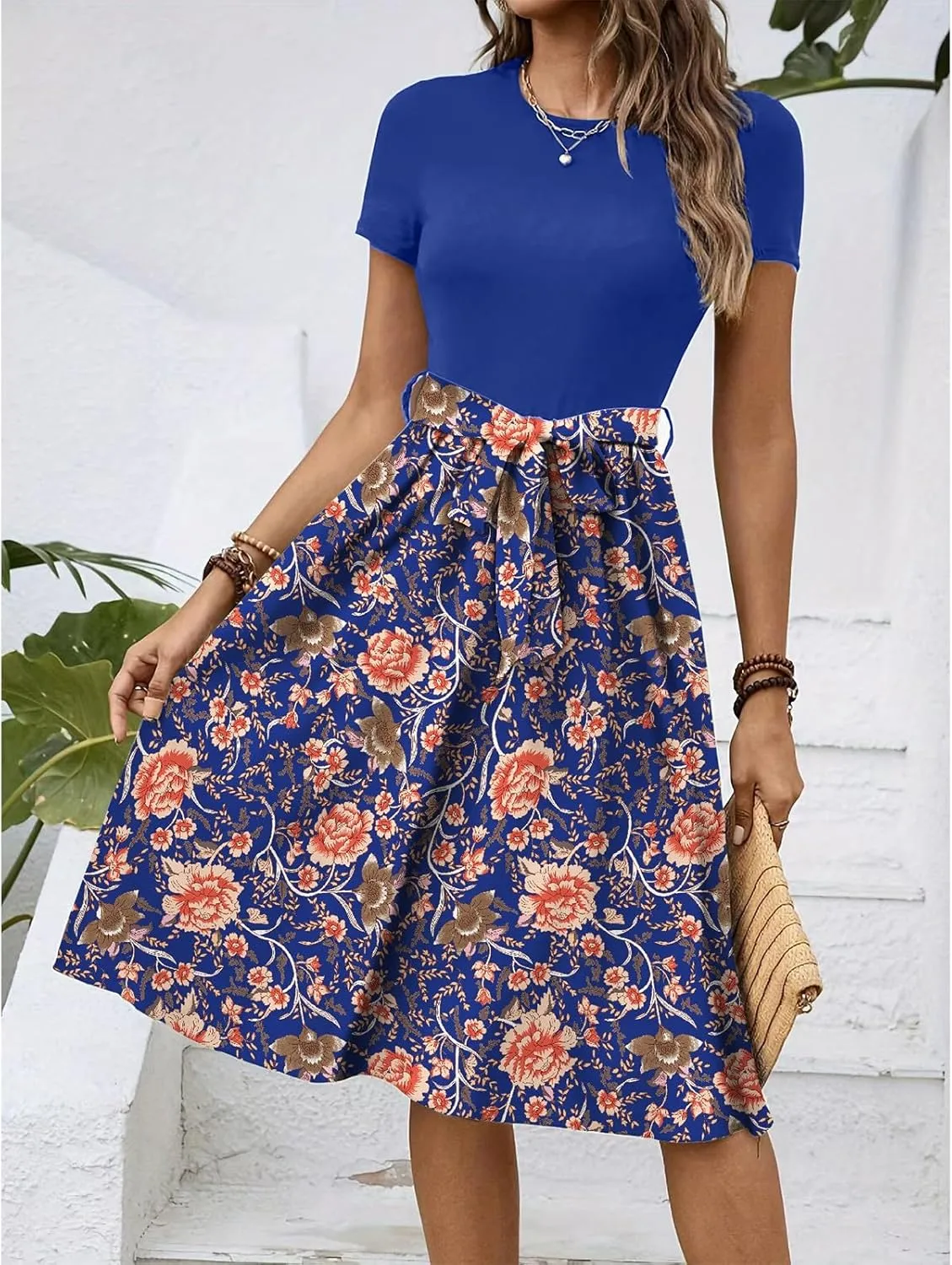 Women's Short Sleeve Dresses Empire Waist Floral Printing Crewneck Color Blocked Belt Casual Midi Length Dress