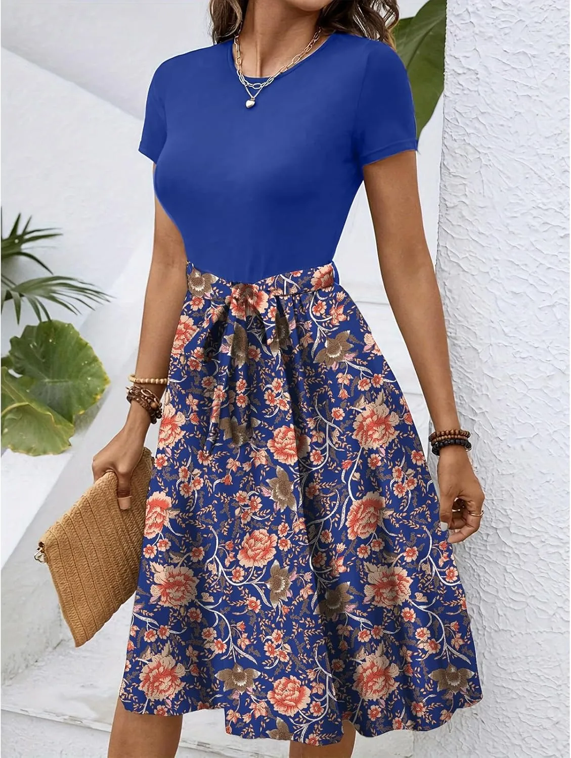 Women's Short Sleeve Dresses Empire Waist Floral Printing Crewneck Color Blocked Belt Casual Midi Length Dress