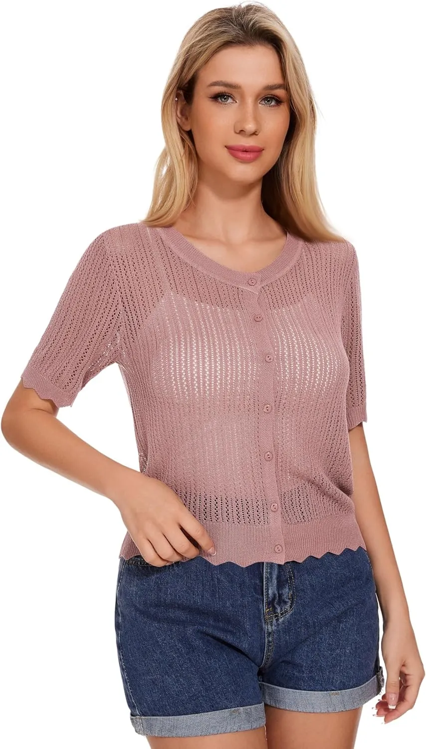 Women's Short Sleeve Summer Hollow Out Crew Neck Button Down Cardigan Sweater