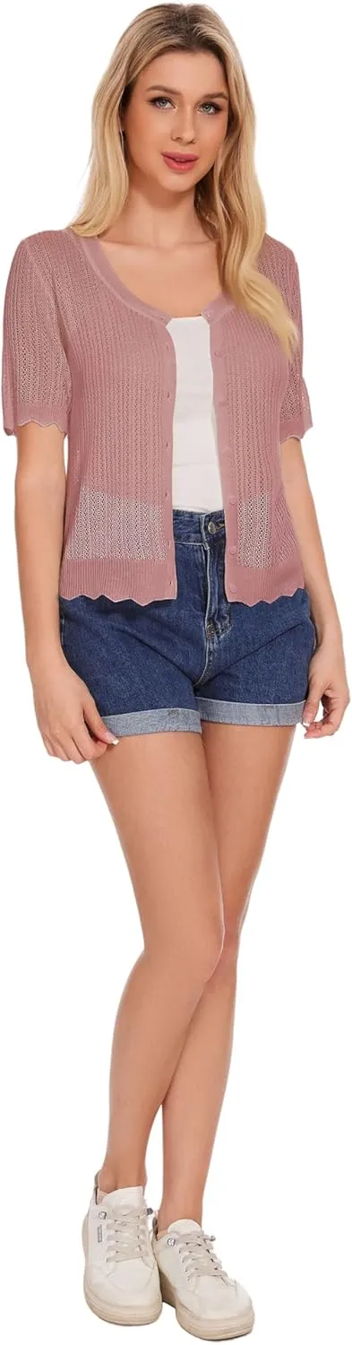 Women's Short Sleeve Summer Hollow Out Crew Neck Button Down Cardigan Sweater