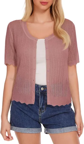 Women's Short Sleeve Summer Hollow Out Crew Neck Button Down Cardigan Sweater