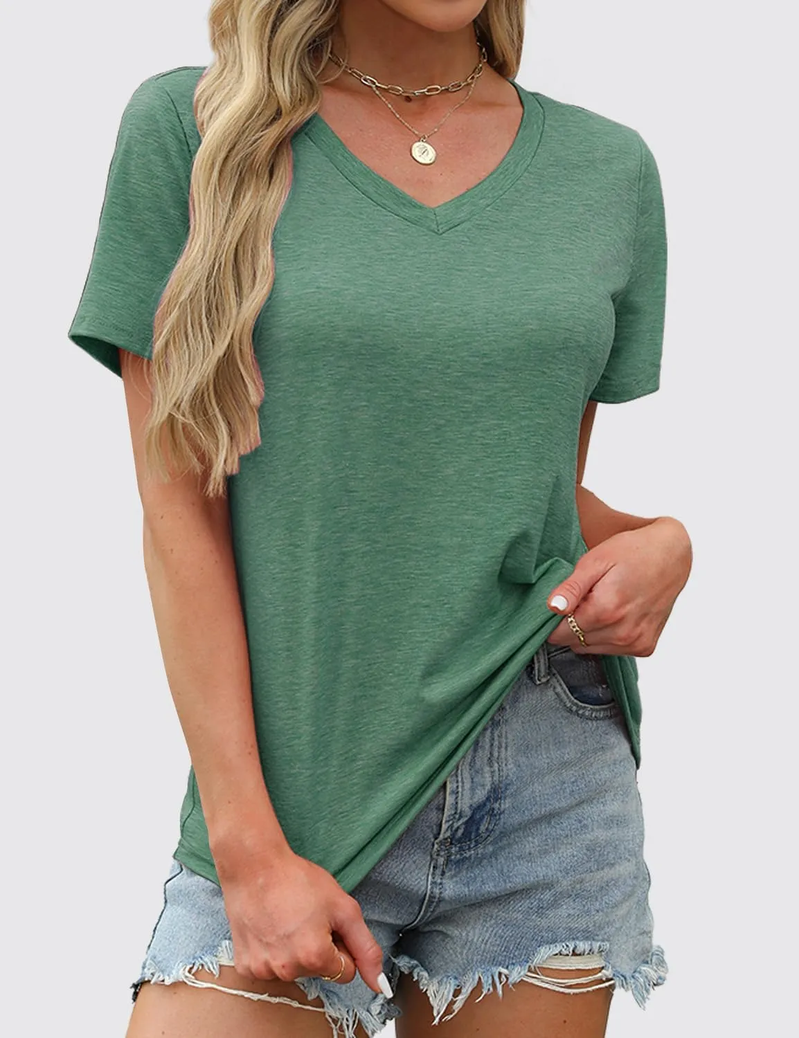 Womens Short Sleeve T Shirts V Neck Tops Summer Trendy Comfy Casual Basic Tee Shirt