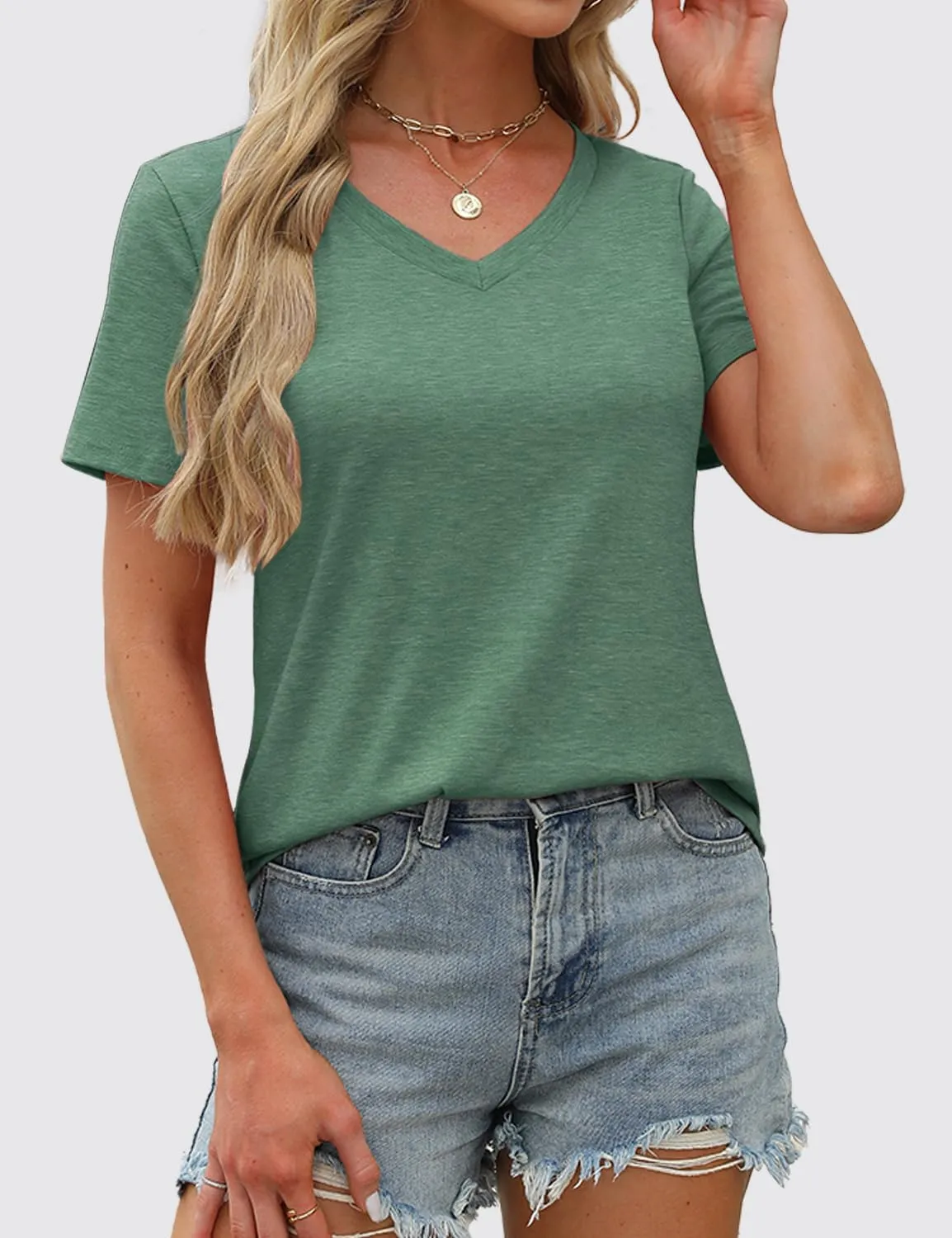 Womens Short Sleeve T Shirts V Neck Tops Summer Trendy Comfy Casual Basic Tee Shirt