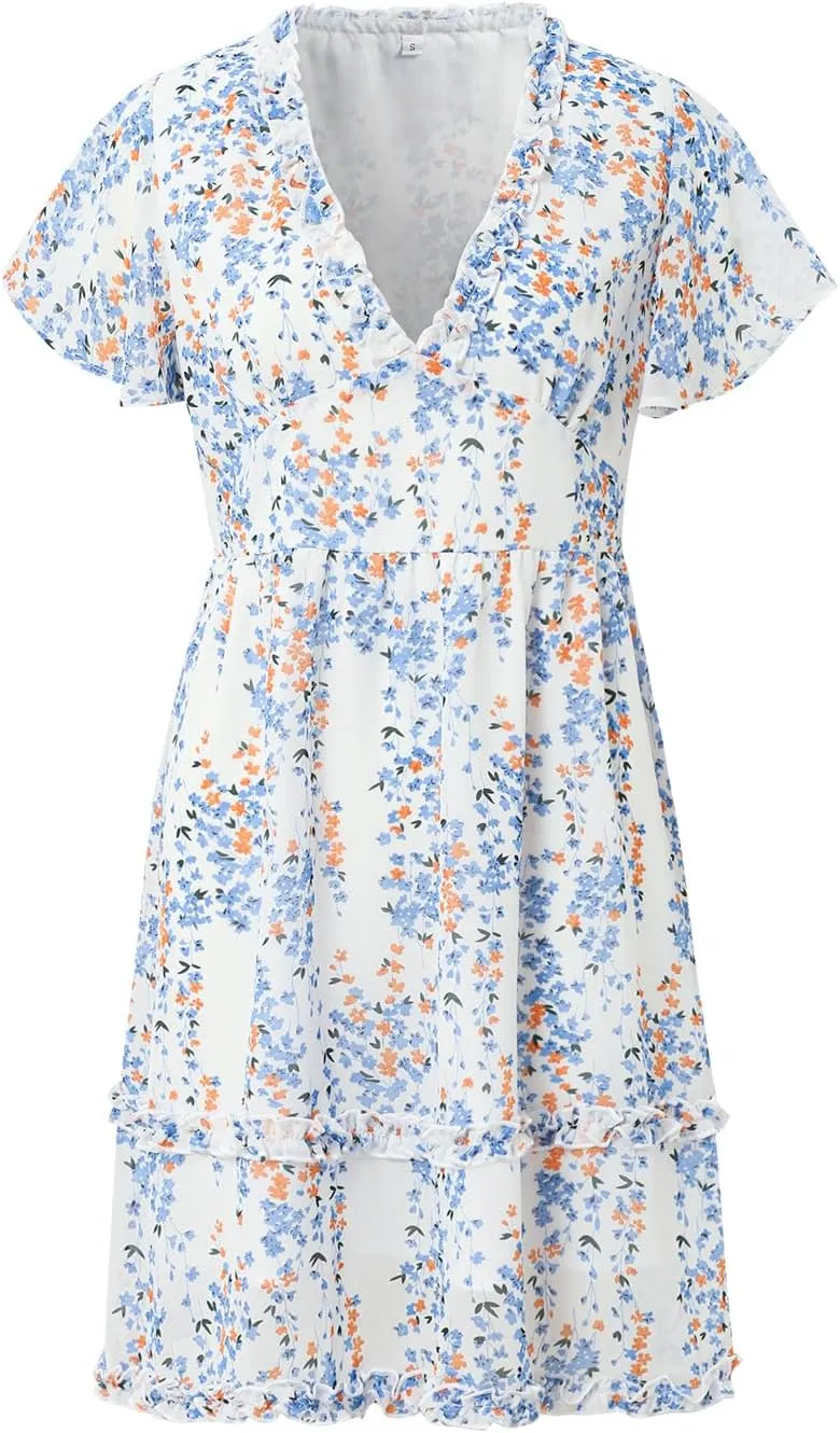 Women's Short Sleeve V Neck Print Mini Dress