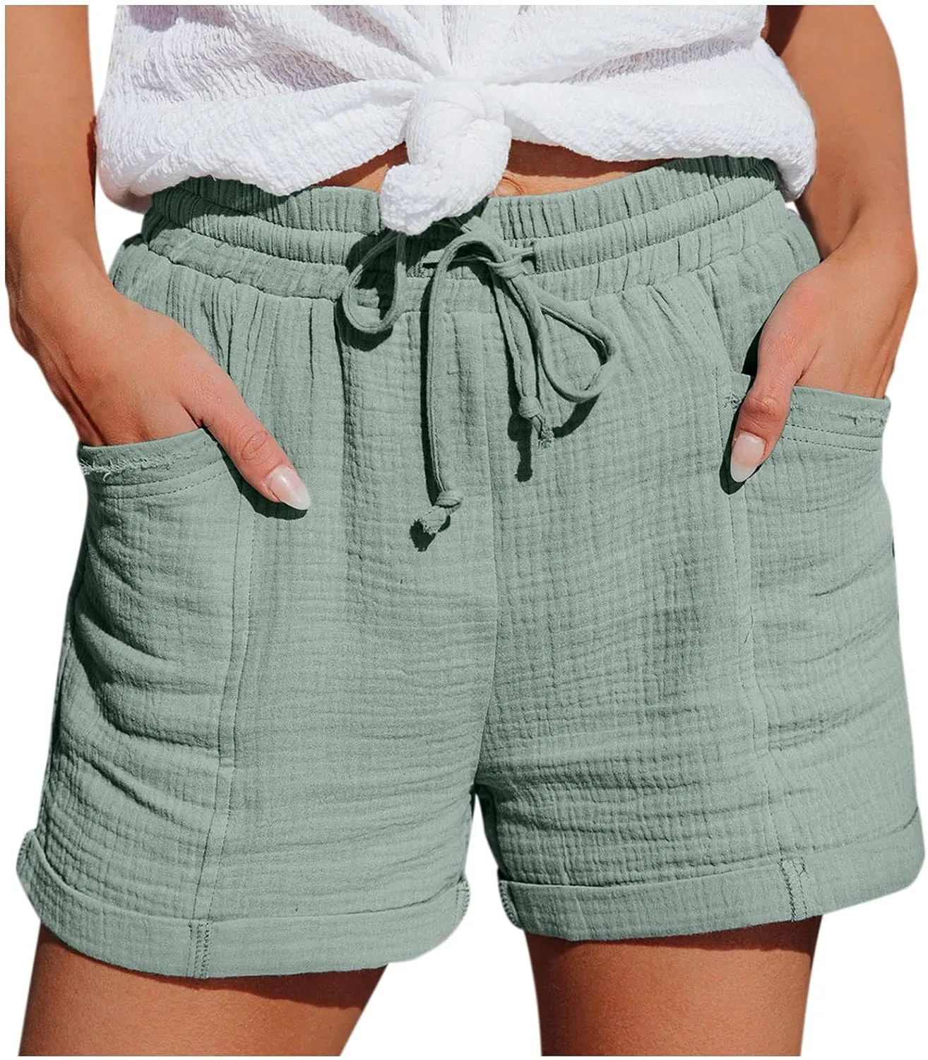 Womens Shorts for Summer Casual Linen Shorts Drawstring Elastic Waist Shorts with Pockets Comfy Bermuda Shorts Workout Shorts