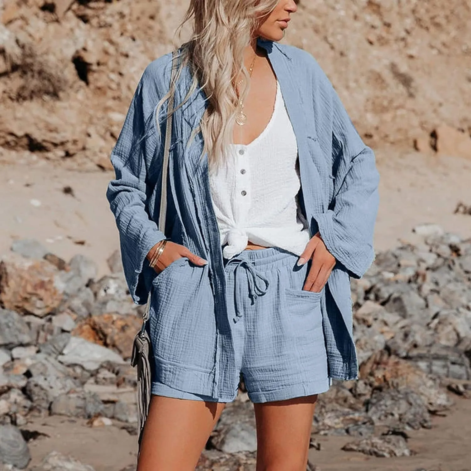 Womens Shorts for Summer Casual Linen Shorts Drawstring Elastic Waist Shorts with Pockets Comfy Bermuda Shorts Workout Shorts