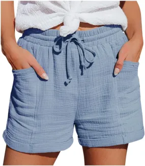 Womens Shorts for Summer Casual Linen Shorts Drawstring Elastic Waist Shorts with Pockets Comfy Bermuda Shorts Workout Shorts