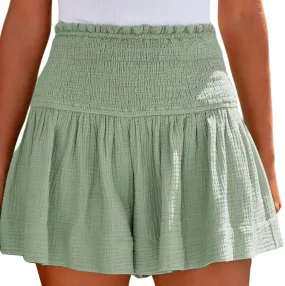 Womens Shorts Wide Leg Boho Shorts Elastic High Waist Linen Shorts Summer Beach Shorts Pleated Ruffle Yoga Shorts