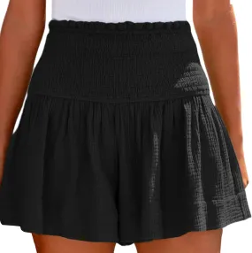 Womens Shorts Wide Leg Boho Shorts Elastic High Waist Linen Shorts Summer Beach Shorts Pleated Ruffle Yoga Shorts
