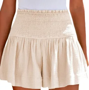 Womens Shorts Wide Leg Boho Shorts Elastic High Waist Linen Shorts Summer Beach Shorts Pleated Ruffle Yoga Shorts