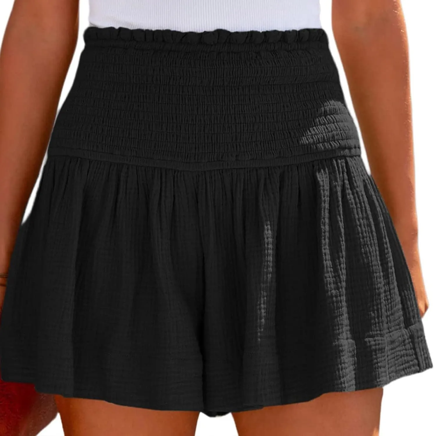 Womens Shorts Wide Leg Boho Shorts Elastic High Waist Linen Shorts Summer Beach Shorts Pleated Ruffle Yoga Shorts