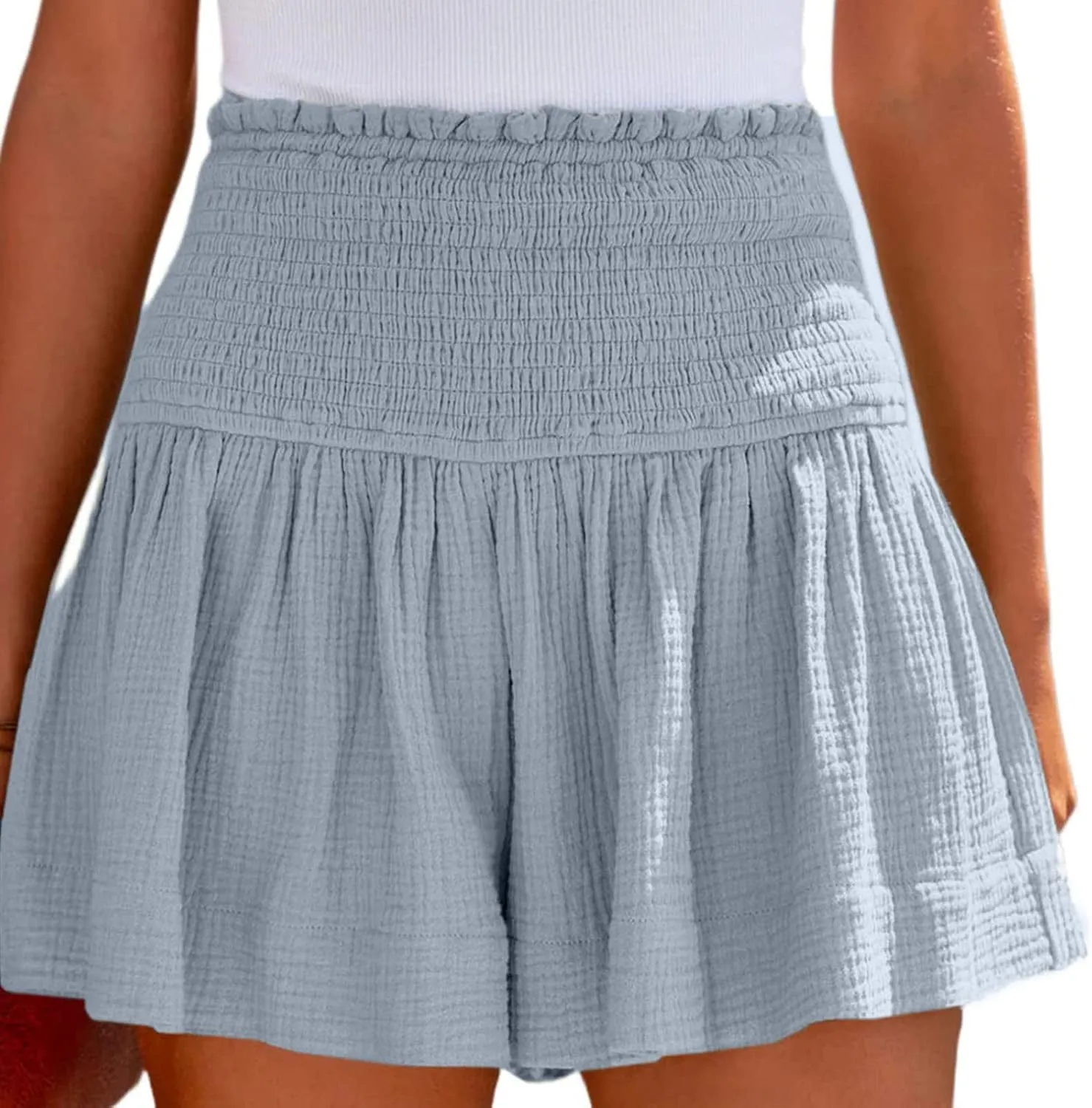 Womens Shorts Wide Leg Boho Shorts Elastic High Waist Linen Shorts Summer Beach Shorts Pleated Ruffle Yoga Shorts