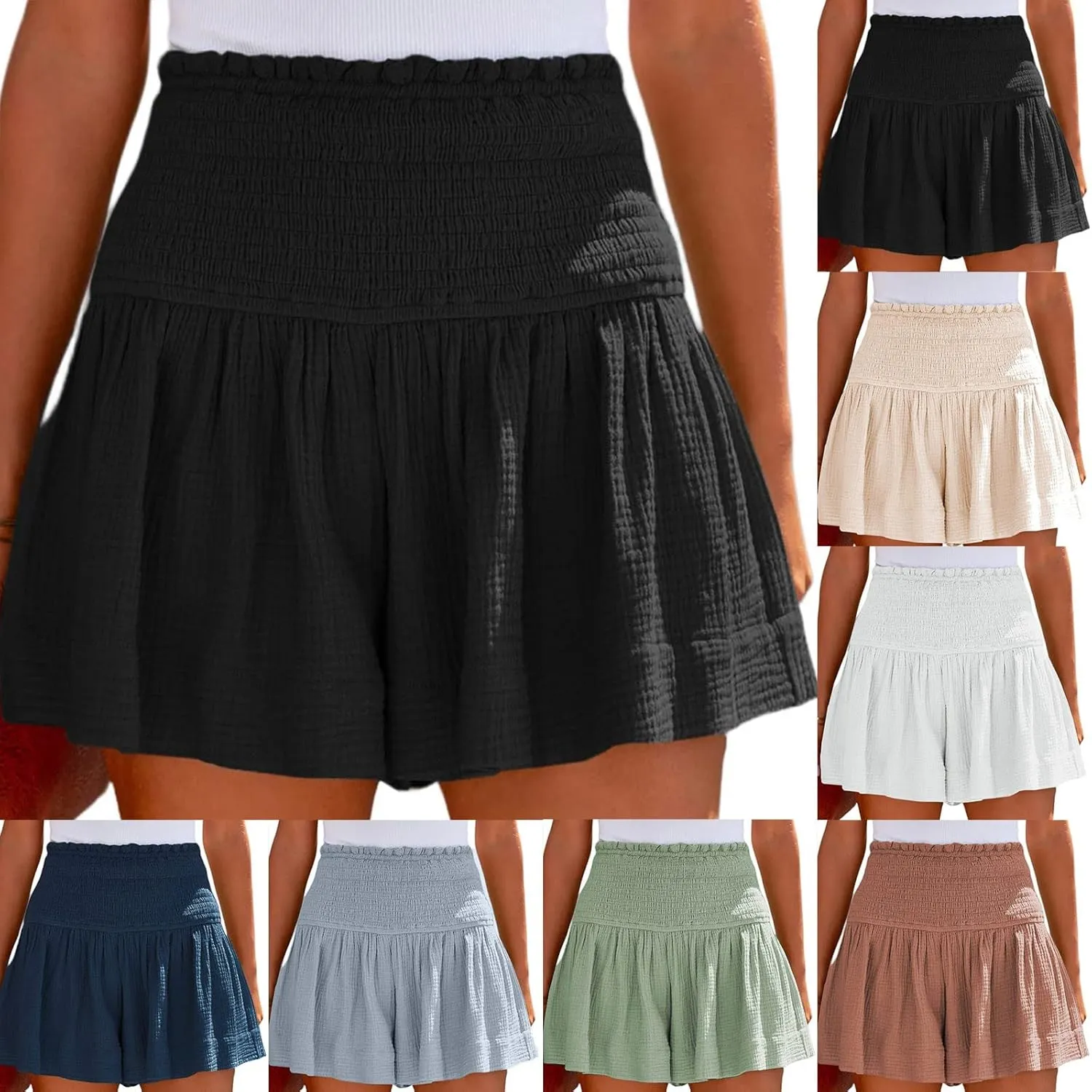 Womens Shorts Wide Leg Boho Shorts Elastic High Waist Linen Shorts Summer Beach Shorts Pleated Ruffle Yoga Shorts