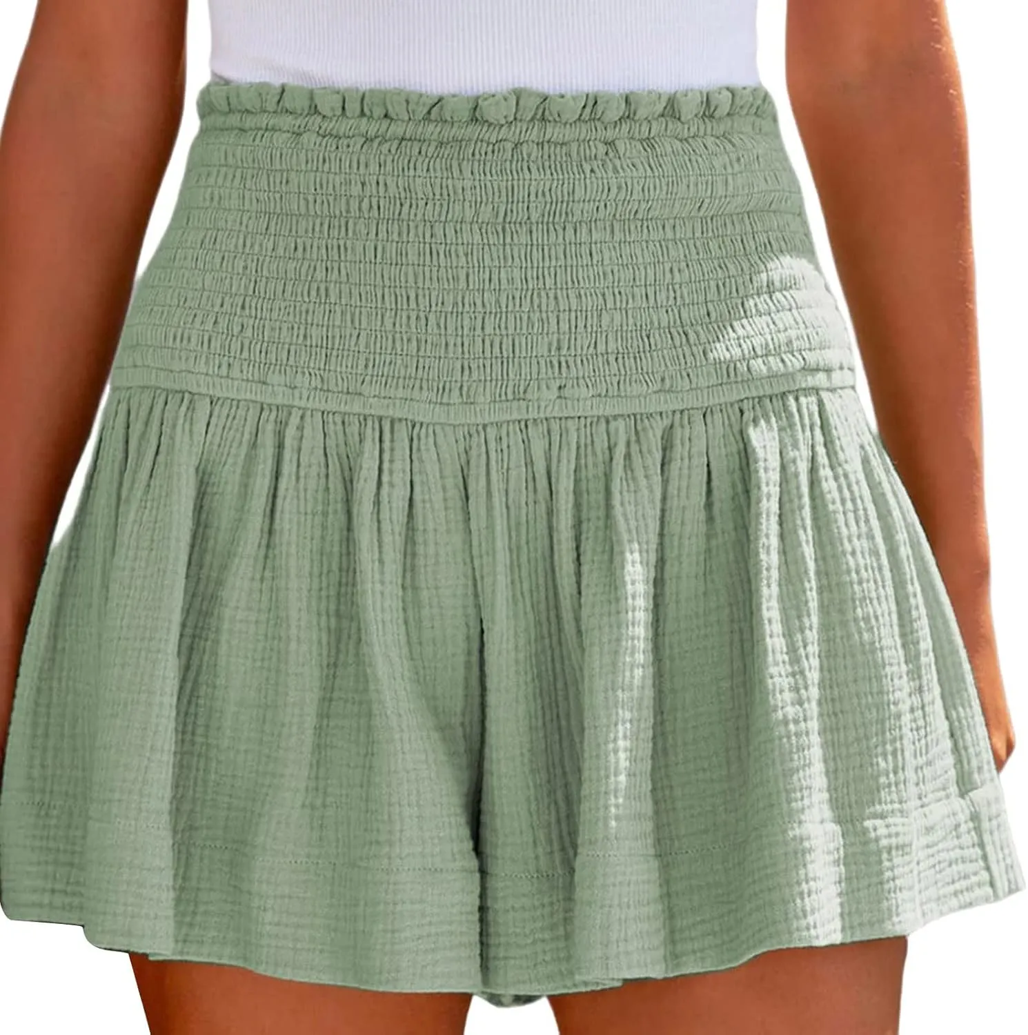 Womens Shorts Wide Leg Boho Shorts Elastic High Waist Linen Shorts Summer Beach Shorts Pleated Ruffle Yoga Shorts