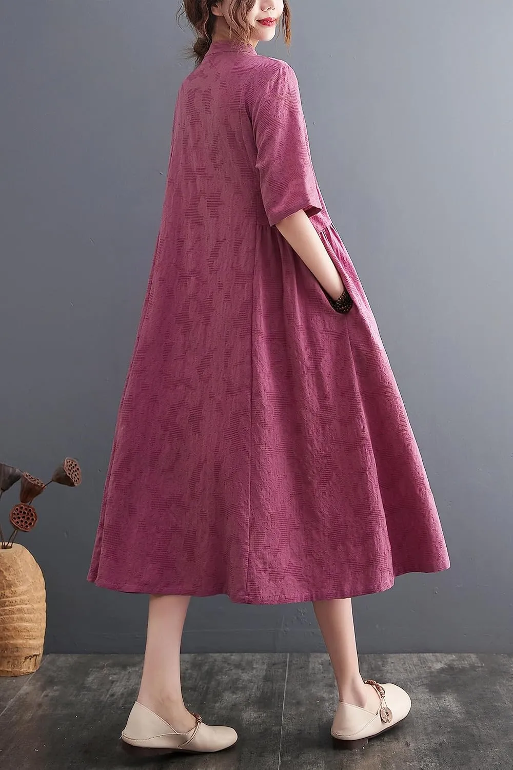 Women's Summer Boho Linen Dress Beach Button Midi Dresses with Pockets