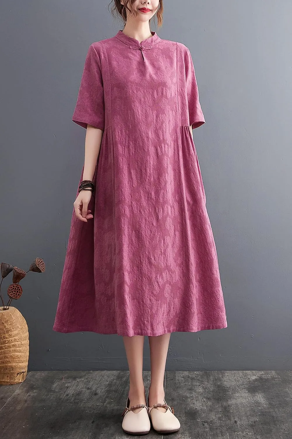 Women's Summer Boho Linen Dress Beach Button Midi Dresses with Pockets