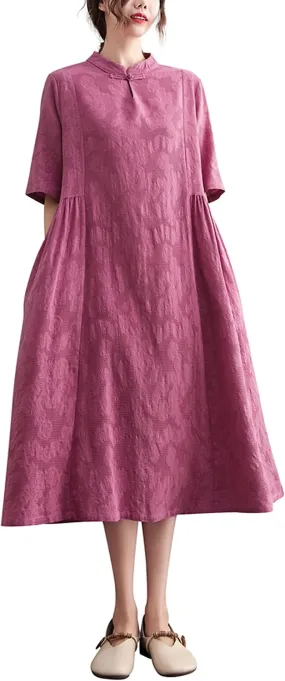 Women's Summer Boho Linen Dress Beach Button Midi Dresses with Pockets