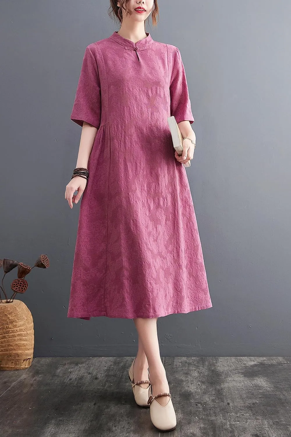 Women's Summer Boho Linen Dress Beach Button Midi Dresses with Pockets