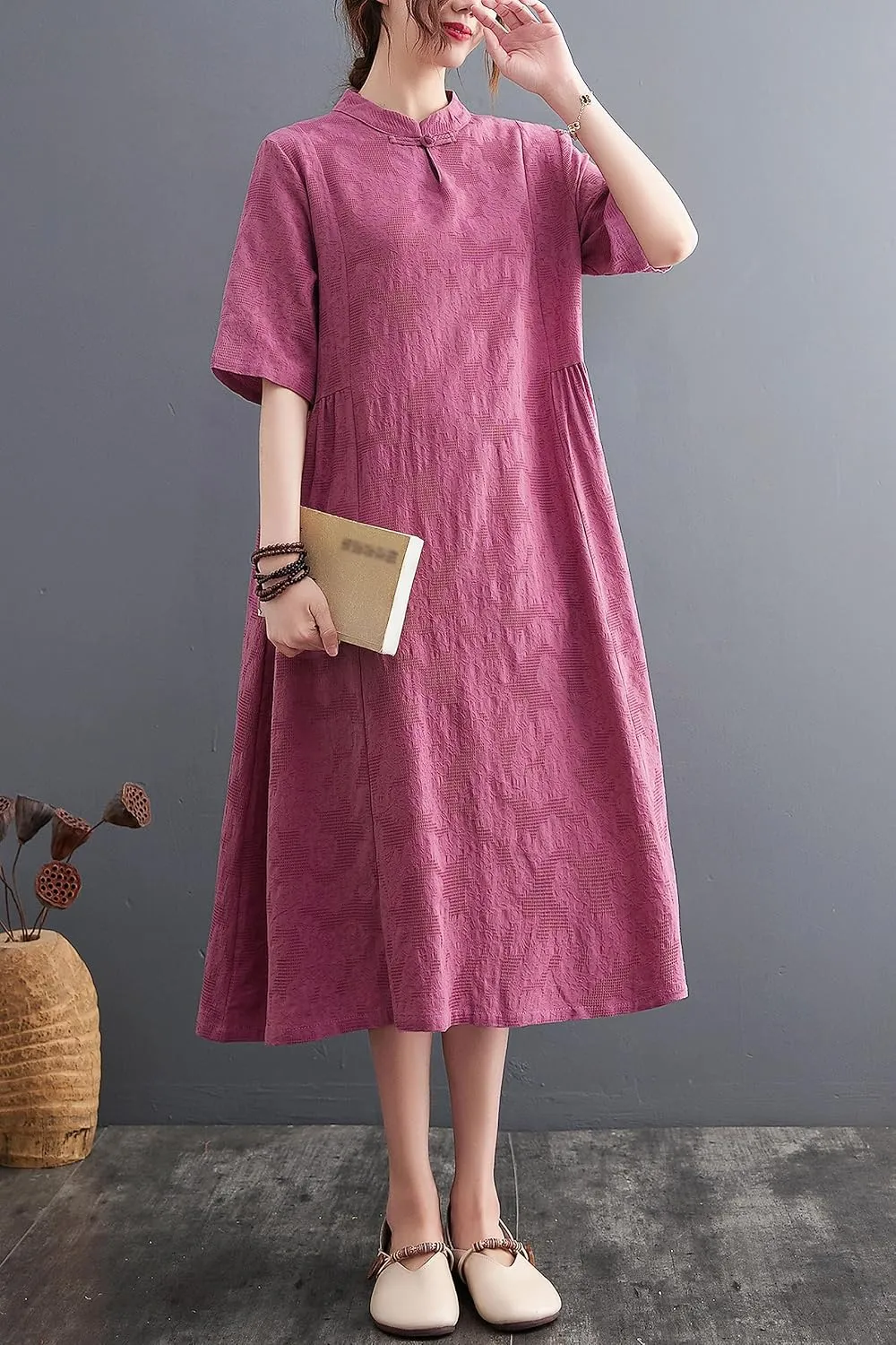 Women's Summer Boho Linen Dress Beach Button Midi Dresses with Pockets