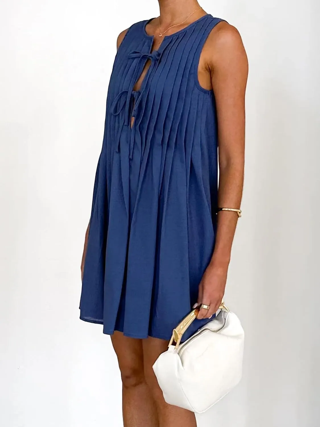 Womens Summer Sleeveless Pleated Dress Tie Front Loose Casual Short Sun Dresses