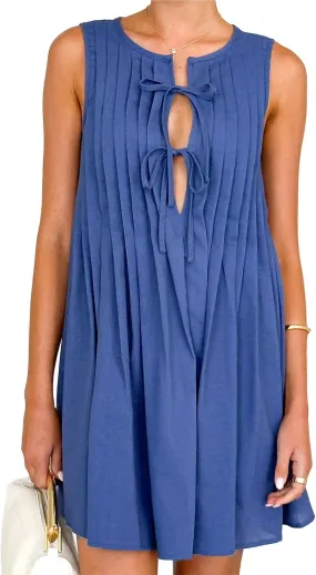 Womens Summer Sleeveless Pleated Dress Tie Front Loose Casual Short Sun Dresses