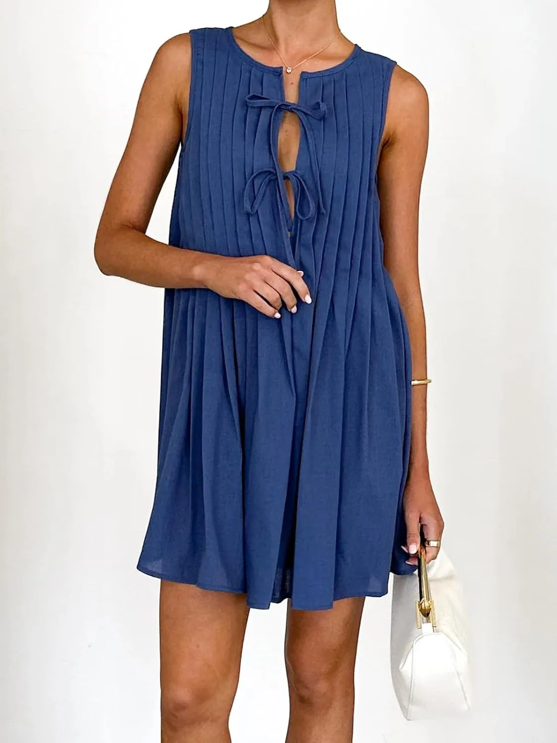 Womens Summer Sleeveless Pleated Dress Tie Front Loose Casual Short Sun Dresses
